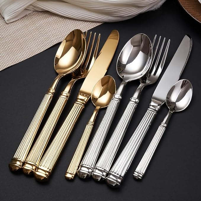 Gold Silverware Set for 6 Flatware Set 24 Pieces Luxury Tableware Set Roman Column Handle Knives and Forks spoons 18/10 Stainless Steel Cutlery Utensil Sets for Home Restaurant Dishwasher Safe