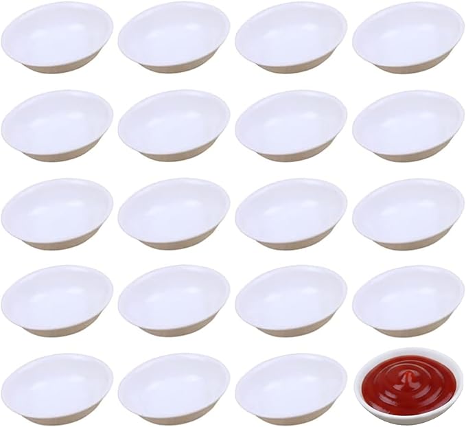 Angoily 20Pcs Dipping Sauce Bowls Round Soy Sauce Dish Set White Plastic Small Serving Bowls Condiment Ramekin Side Dishes Flatware for Restaurant BBQ Party Dinner, Charcuterie Accessories
