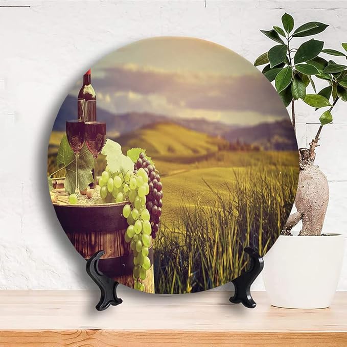 Ceramic Plates, Wine Decorative Ceramic Plates, Italy Tuscany Landscape Rural Vineyard, 10 Inch, for Dining, Parties, Wedding, Green Black Brown