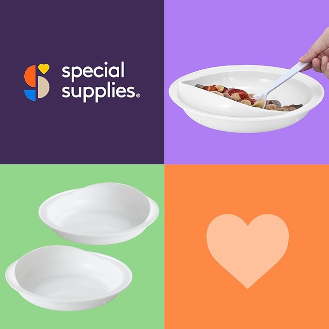 Special Supplies Adaptive Spill-Proof Scoop Plates- Dishes with Wall for Disabled, Handicapped, Elderly Adults with Special Needs from Parkinson's, Arthritis, Dementia, Stroke, Tremors- 2 Pack (White)
