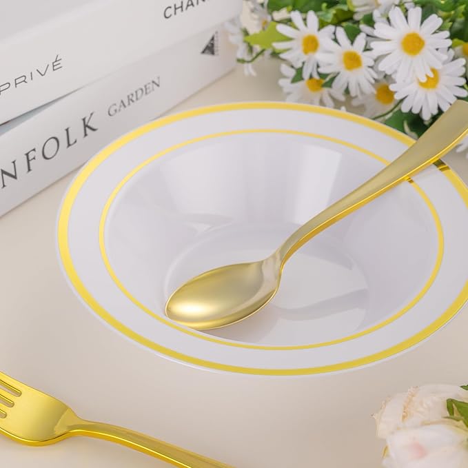 100pc Disposable Soup Bowls with Gold Rim,12oz Disposable Soup Bowls,Disposable Soup Dessert Salad Bowls for Wedding/Party/Catered Events