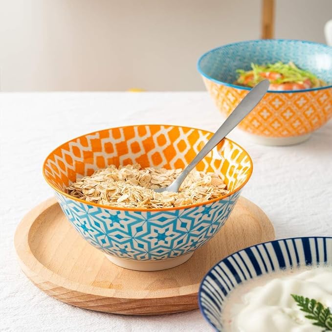 KitchenTour Ceramic Bowls Set - 10 oz Serving Bowls For Kitchen - Cereal, Ice Cream, Soup, Salad, Rice, Dessert Ceramic Bowls - Assorted Colorful Set of 6 - Microwave Dishwasher Safe - 5 Inch