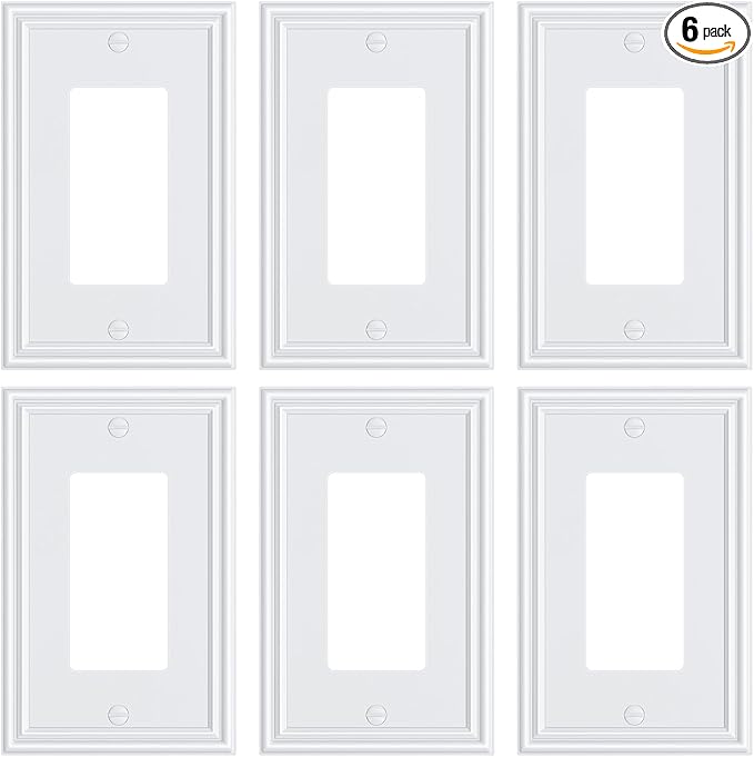 6-Pack Decorator Outlet Cover Plate, White Decorative Switch Plates and Outlet Covers, Durable Zinc Alloy Wall Plates for Electrical Outlets, Receptacle, GFCI Outlet, Dimmer Switch