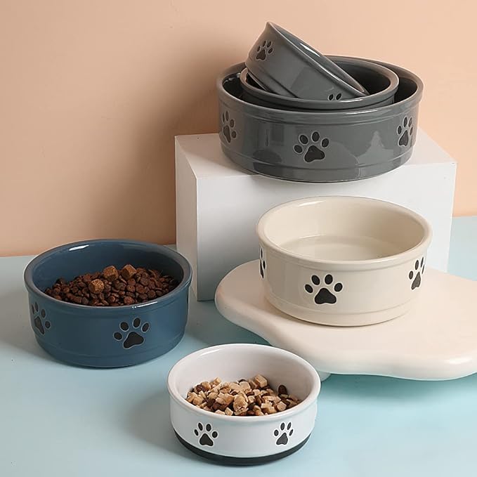 Sweejar Ceramic Dog Bowls with Paw Pattern, Dog Food Dish for Small Dogs, Porcelain Pet Bowl for Water 16 Fl Oz (Beige)