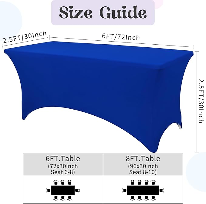 HAISIWLKJ 6 Pack Table Cloth 6ft Royal Blue Tablecloths for Rectangle Folding Table Spandex Fitted Stretch Cover Wrinkle Resistant Washable Protector for Party, Wedding, Banquet, Festival.