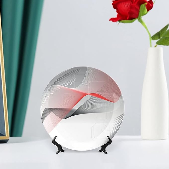 Ceramic Display Plate, Abstract Ceramic Hanging Decorative Plate, Modern Geometric Squares Dots Curves Waves, 8 Inch, Household Custom Ceramic Plate, Red Grey Black