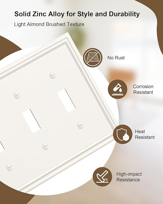 2-Pack Triple Toggle Light Switch Cover Plate, Durable Solid Zinc Alloy Decorative Switch Plate Covers, Light Almond 3 Gang Wall Plate, Corrosion Resistant