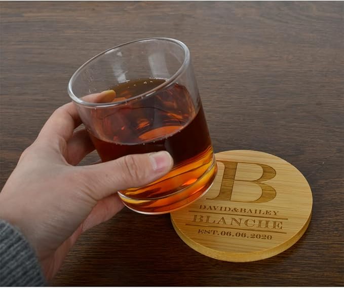 Personalized Bamboo Coasters - Custom Engraved Monogram Coasters with Holder, Great Gifts (Set of 6)
