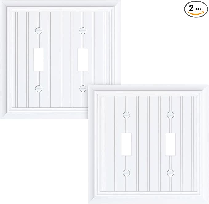2-Pack Classic Beadboard Double Toggle Light Switch Cover Plate, Durable Natural Bamboo Fiber Decorative Switch Plate Covers, Pure White 2 Gang Wall Plate, Corrosion Resistant