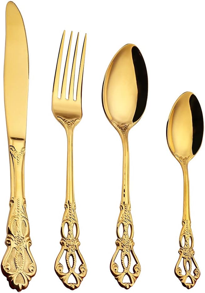 Gold Silverware Set for 14 Stainless Steel Flatware Set Palace Style Hollow Relief Decoration 56 Piece Cutlery Utensils Include Knives Forks and Spoons Tableware Set for Home Kitchen Restaurant Party