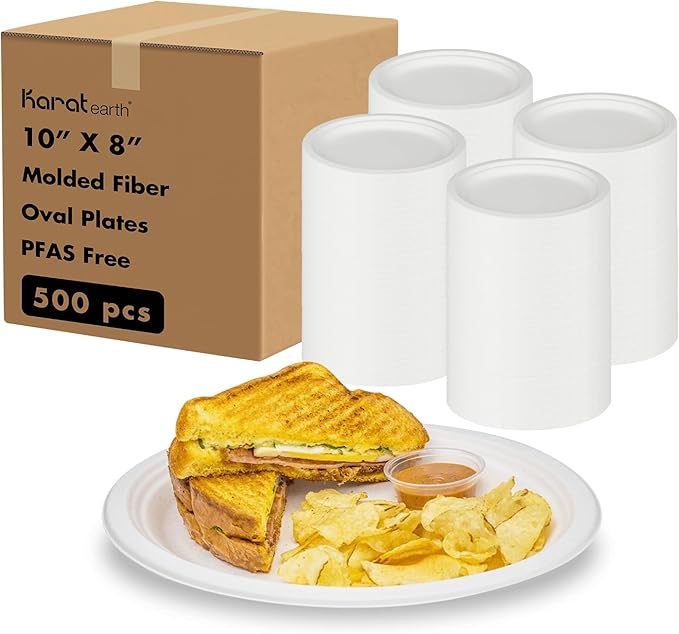 KARAT EARTH 10''x8'' PFAS Free Compostable Bagasse Oval Plates, KE-BPO108-1CFF - 500 c