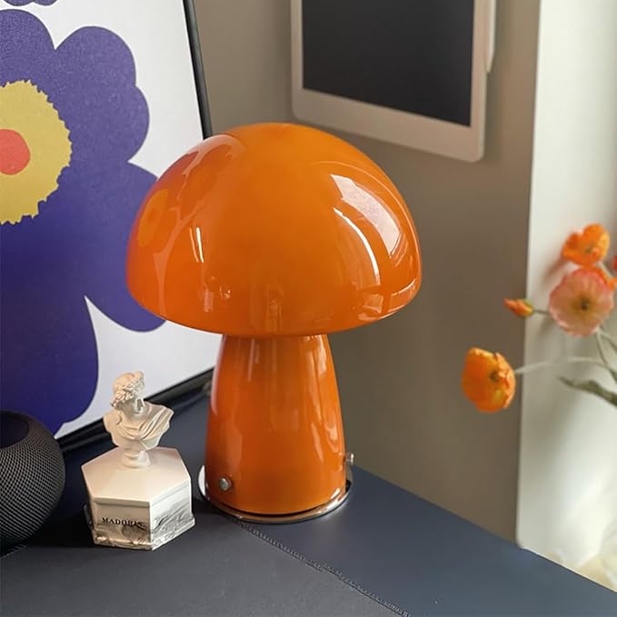 Cute Mushroom Lamp with Glass Lampshade,Small Orange Table Lighting,3000K Warm Light Led Bedside Lamp,Mid Century Modern Desk Light for Living Room Bedroom