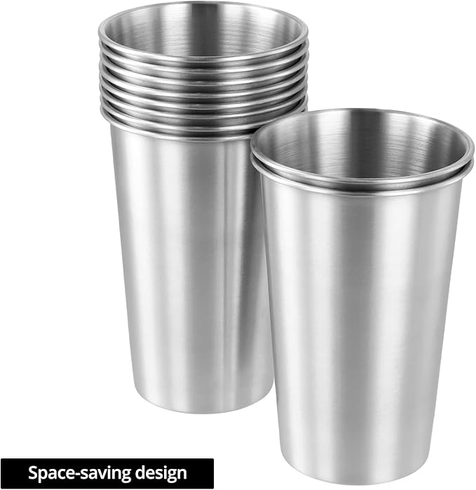 QWORK 16 Ounce Stainless Steel Pint Cups, 16 Pack 450ml 304 Steel Cup, Metal Drinking Glasses, Shatterproof Cup