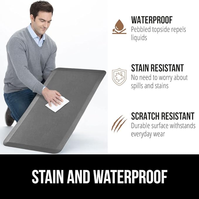 GORILLA GRIP Comfortable Cushioned Kitchen Mats for Floor, 39x20, Waterproof and Stain Resistant Soft Top, 3/4 Inch Thick Ergonomic Standing Desk Anti Fatigue Mat, Foam Supports Ankles and Feet, Grey