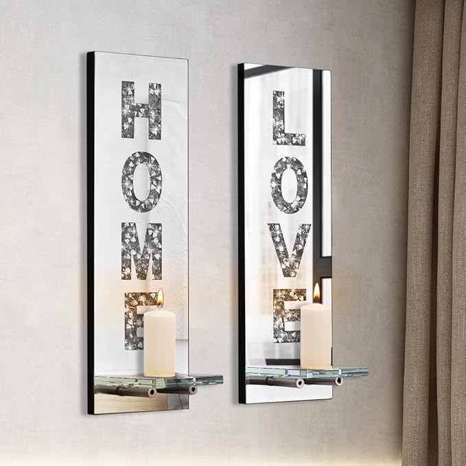 Pibeyer Crystal Crush Diamond Wall Candle Holder Set of 2, Silver Mirrored Candle Sconces Wall Decor, Love & Home Letter Home Decoration for Living Room，Dining Room and Bedroom