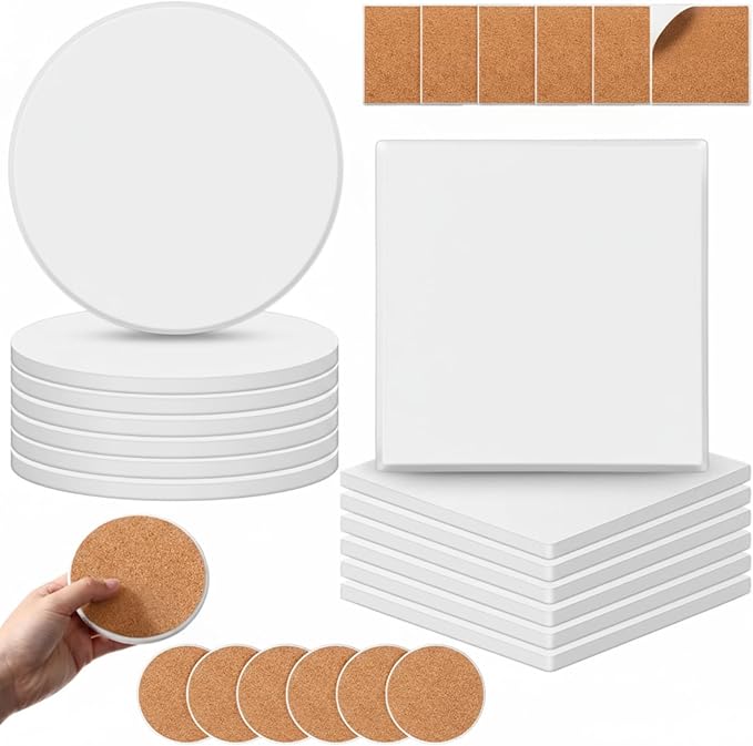 Zopeal 24 Pcs Ceramic Tiles for Crafts Coasters Include Unglazed White Ceramic Tiles with Cork Backing Pads Use with Alcohol Ink Acrylic Pouring for DIY Project Gift (Square,Round)