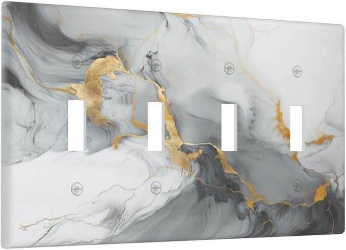 Light Switch Cover Gray/Gold Marble Abstract Modern Luxury 4 Gang Switch Plate Quad Toggle Wall Plates Decorative Switchplate Electrical Outlet Cover for Bathroom Bedroom Decor