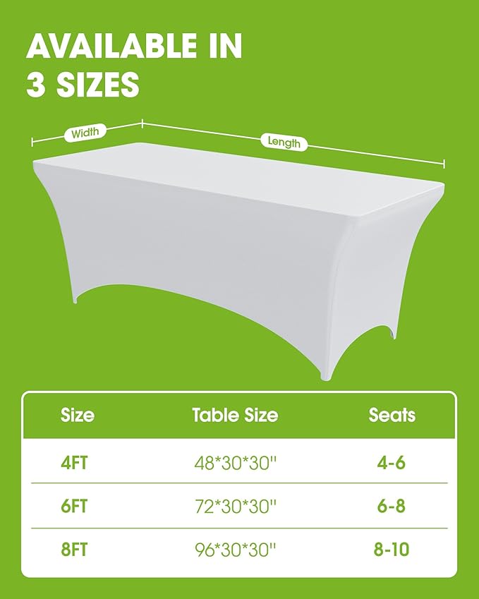 Pureegg Spandex Tablecloth 8ft - 2 Pack, Fitted and Tight Cloth for Rectangle Table, Wrinkle-Free and Stretch Table Cover for Party, Wedding, Banquet and Birthday, White