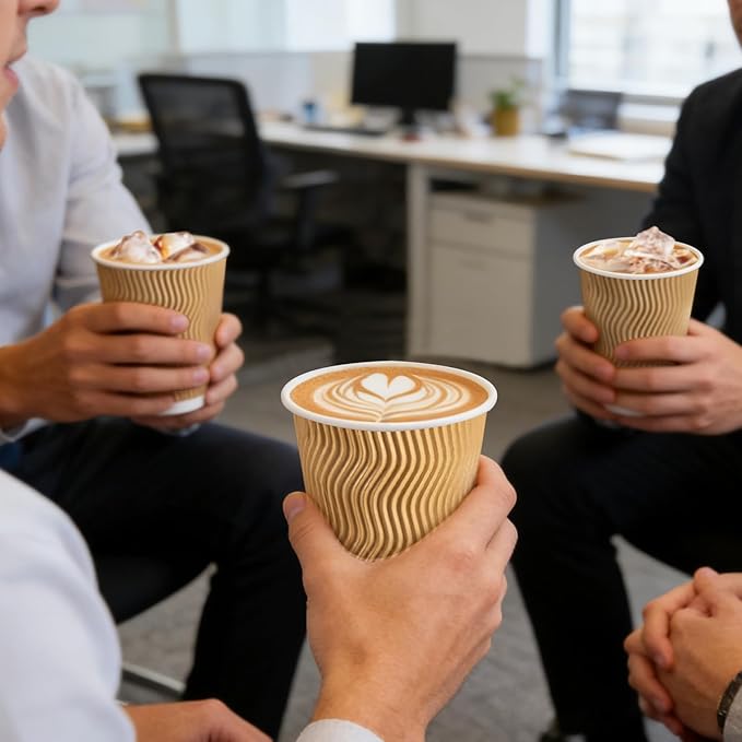 500 Pack 12 oz Coffee Cups, Disposable Corrugated Insulated Ripple Wall Paper Coffee Cups 12oz for Hot or Cold Drinks Office Home Cafe Party Travel (Champagne)