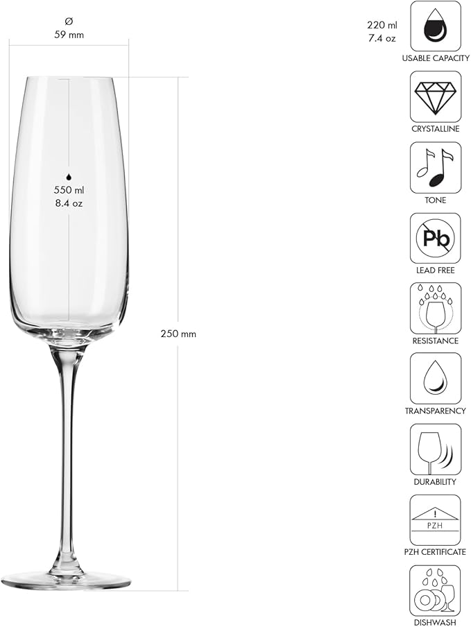Krosno Modern Champagne Glasses, Set of 4, 7.4 Oz, Premium Crystalline Glass, Lead-free,Durable,Scratch-resistant, Ideal for Prosecco, Mimosas, Sparkling Wine, Scratch-resistant, Made in Europe