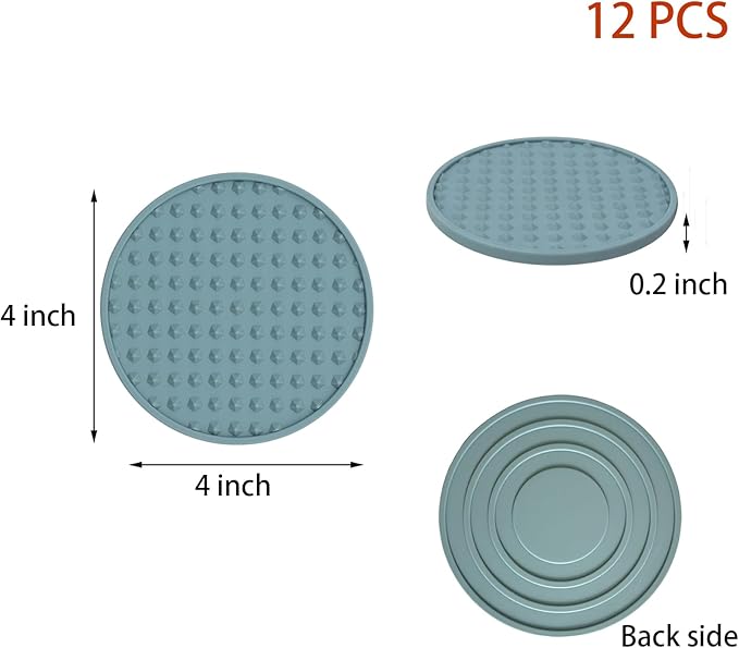 Set of 12 Silicone Coasters, 4'' Drink Coaster with Holder, Round Coasters for Drinks Beer Coffee Home Office Bar Desk Tabletop Protection, Non-Slip Rubber Coaster (Blue, 12 Pcs-Plastic Holder)