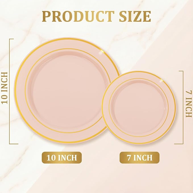 NOCCUR 200PCS Pink Plastic Plates for 100 Guests - Include 100PCS 10" Dinner/ 100PCS 7" Dessert Plastic Plates Heavy Duty - Ideal for Wedding/Party/Valentines & Galentines Day
