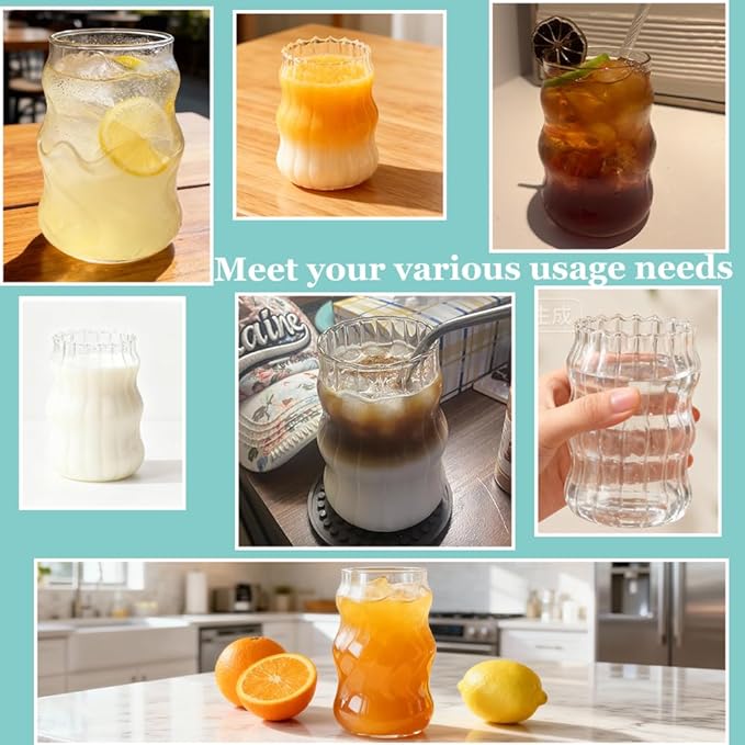2 Pcs Ribbed Glass Cups, 18 Oz Vintage Drinking Glassware with Wave Shape Design, Bubble Cups for Iced Coffee, Juice, Beverage, Milk, Cocktails, Bubble Tea, and More