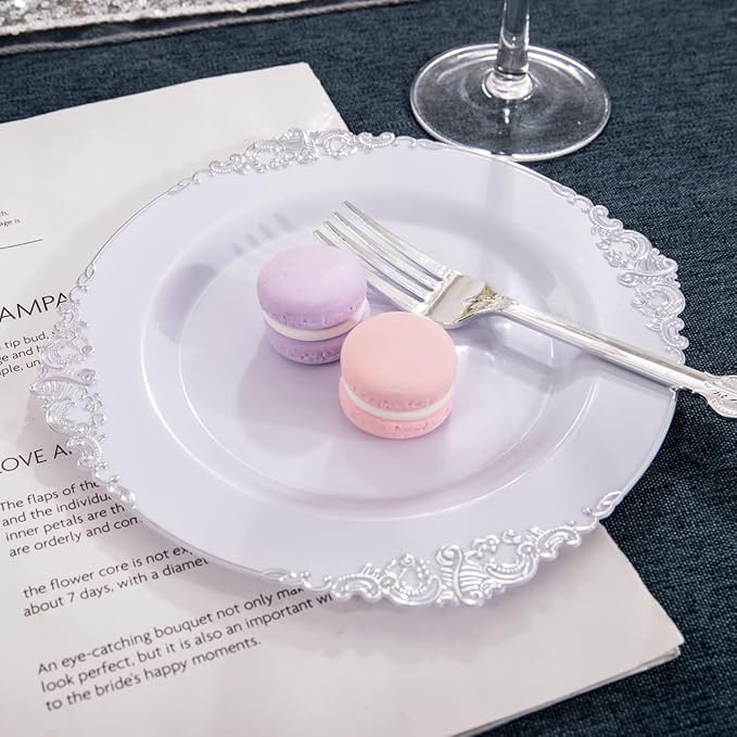 Hioasis 100pcs White Silver Plastic Plates for Party - 7.5" Dessert Plates Disposable, Heavy -duty, Classy and Elegant for Wedding