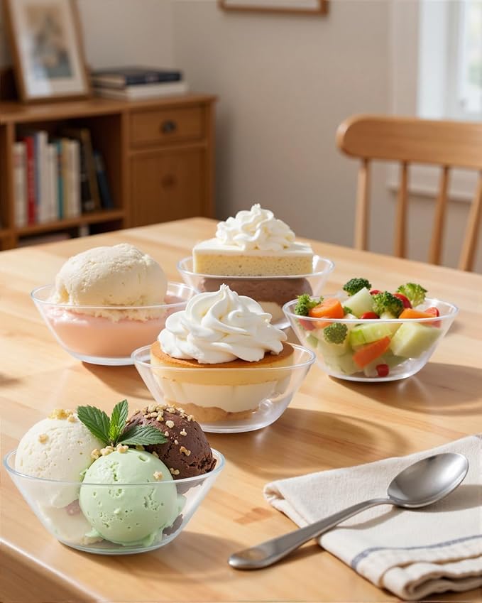 bUCLA 50Pack Clear Plastic Small Bowls - 8oz Disposable Ice Cream/Salsa/Dipping/Dessert/Sauce/Small Serving Bowls for Party