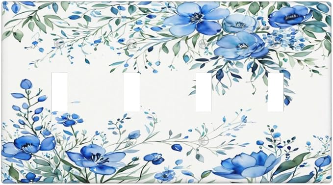 Light Switch Cover Blue Watercolor Flowers Retro Floral Leaves 4 Gang Switch Plate Quad Toggle Wall Plates Decorative Switchplate Electrical Outlet Cover for Bathroom Bedroom Decor