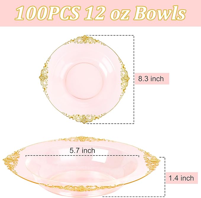 100PCS Clear Pink Plastic Bowls - 12 oz Pink Gold Disposable Salad Bowls - Heavy Duty Disposable Soup Bowl - Fancy Plastic Ice Cream Bowl for Weddings Valentine's Day Parties Dinners Picnics