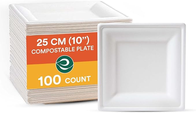 ECO SOUL 100% Compostable Square Paper Plates 10 Inch [100-Pack] Biodegradable Heavy Duty Eco-Friendly Disposable Plates for Dinner, Parties, Wedding & Event(White)