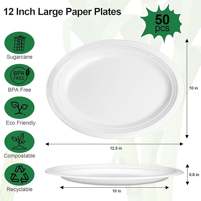 Large Paper Plates 12 Inch, 50 Pack Oval Plates Heavy Duty, Compostable Dinner Plates Eco Friendly Disposable Plates, White Paper Plate Sturdy Strong for Party BBQ Picnic