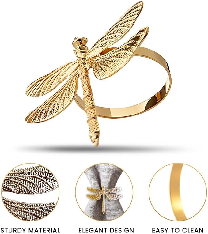 Decozen Set of 8 Gold Napkin Rings in Dragonfly Design Festive Table Decor Setting for Holiday Wedding, Birthday, Kitchen, Home Decor Housewarming Gift - Mothers Day Decorations