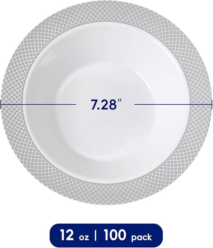 JOLLY CHEF 100 Pack Plastic Bowls with Silver Rim, 12 oz Disposable Soup Bowls, Heavy Duty Dessert Bowls for Weddings, Party, Dinners, Catering, Christmas and Everyday Use