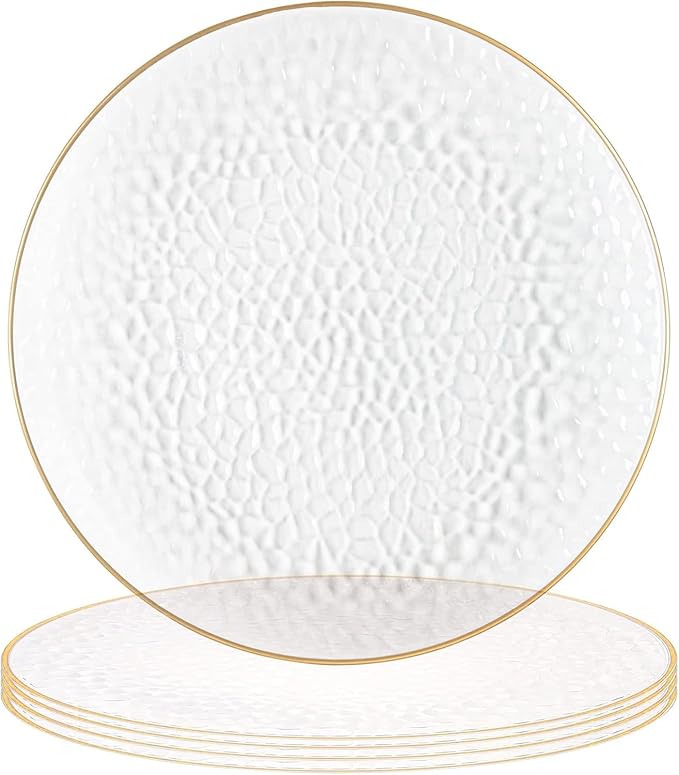 PARTY BARGAINS 13-Inch Charger Plates - 4 Pack, Hammered Clear Gold Rim, Heavy-Duty Disposable Chargers for Elegant Dining - Ideal for Weddings and Formal Events