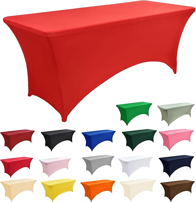 2-Pack 8ft Red Spandex Table Covers for Rectangle Folding Tables - Washable Elastic Tablecloth - Ultimate Fitted Table Protector for Birthday Parties, Trade Shows, Banquet