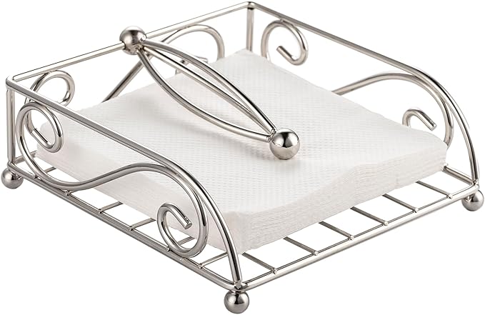 Napkin Holders for Table Metal Napkin Holder for Kitchen with Weight Arm Flat Napkin Dispenser Stainless Steel Lavish Home Hotel Decorative Holder Silver Chrome(7" L X 7" W X 2.5" H)