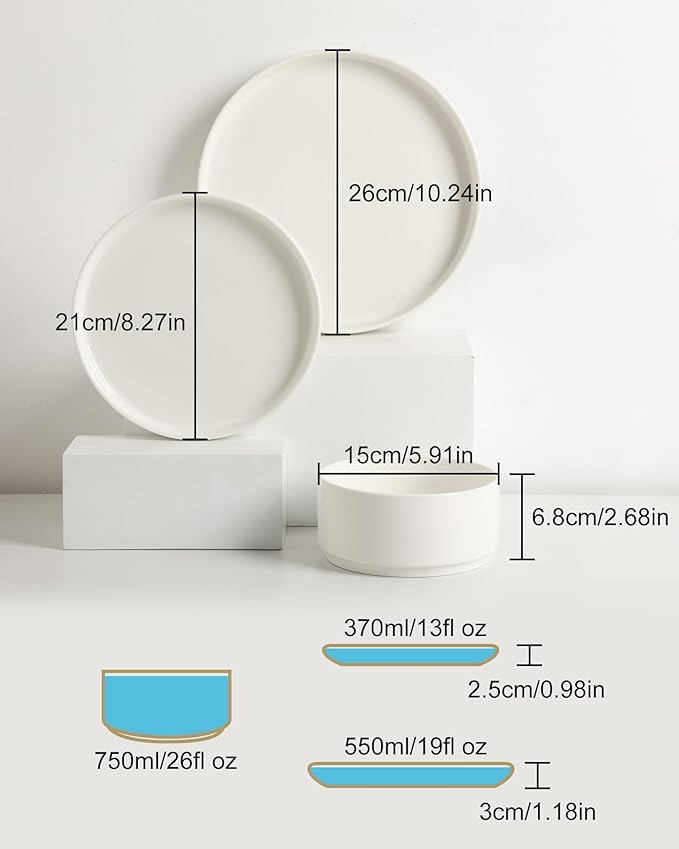 Sweejar Porcelain Dinnerware Sets for 4, 12 Pieces Ceramic Plates and Bowls Set, Classic Modern Simple Kitchen Dinner Dining Ware Set, Dishwasher and Microwave Safe Dishes Sets(Pure White-Black Rim)