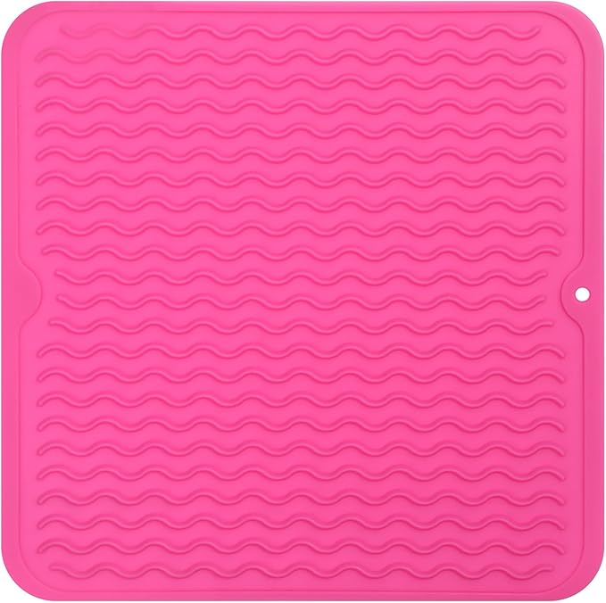 Silicone Dish Drying Mat for Multiple Usage,Easy clean,Eco-friendly,Heat-resistant Silicone Mat for Kitchen Counter or Sink,Refrigerator or Drawer liner Rose M 12 inches x 12 inches