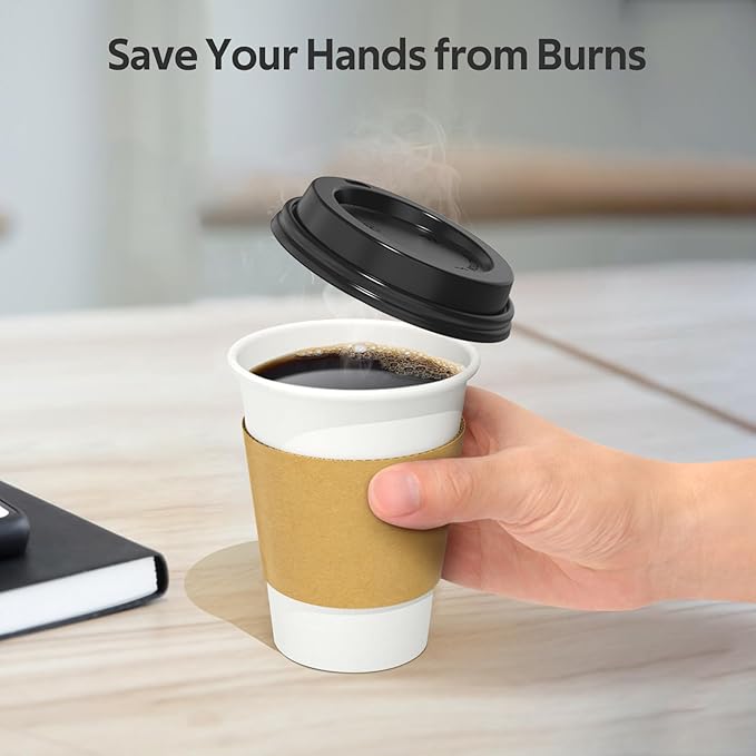 100 Pack 12 oz Disposable Coffee Cups with Lids and Sleeves, Sturdy Thick Paper & Leak-free Insulated to Go Paper Hot Coffee Cups with Sip Lids for Hot & Cold Beverage | with Lids, and Sleeves, Sturdy, Leak-free, Insulated, to Go Coffee Cups