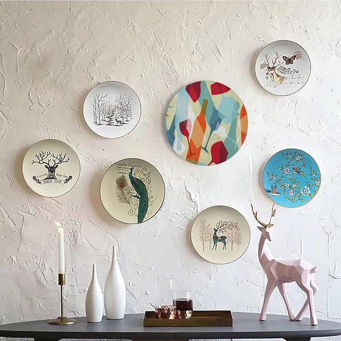 Ceramic Display Plate, Wine Ceramic Hanging Decorative Plate, Modern Design Colorful Glasses Bottles Fun, 10 Inch, Household Custom Ceramic Plate, Pale Blue Ruby Orange