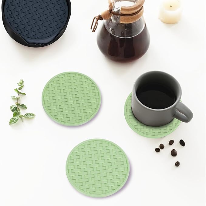 Green Silicone Coasters Set of 6 with Holder, 4 Inch Round Non-Slip Heat Resistant Waterproof Coaster, Decorative Cup Mats for Coffee Table, Home, Kitchen, Office, Bar