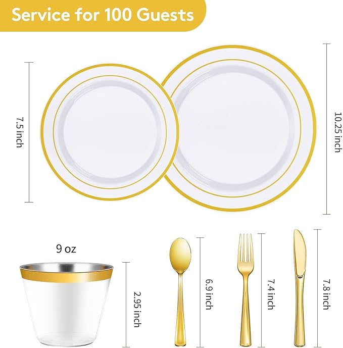 Goodluck 420 Pieces Gold Disposable Plates for 70 Guests, Plastic Plates for Party, Dinnerware Set of 70 Dinner and 70 Dessert Plates, 70 Spoons, 70 Forks, 70 Knives, 70 Cups