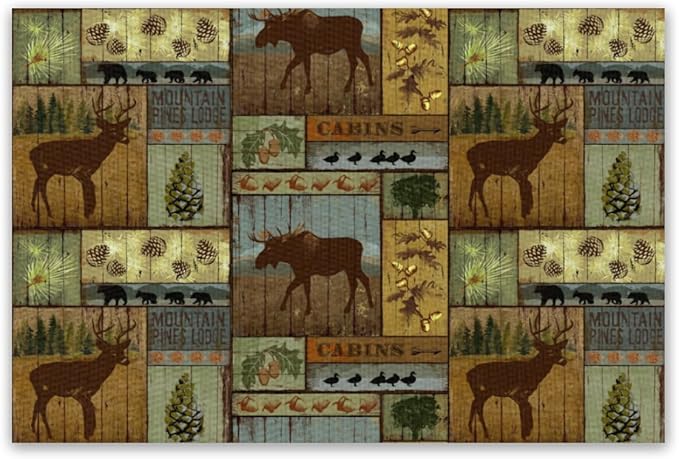 Rustic Bear Deer Placemats Wildlife Moose Forest Animal Cabin Lodge Lake Pine Heat-Resistant Linen Table Place Mats for Dining Kitchen Country Camp Style Farmhouse Decor 12x18 in 6 PCS