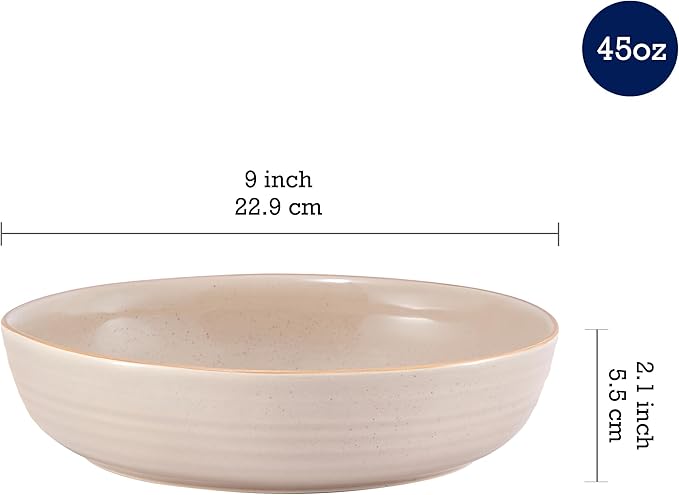 Bico Light Beige 45oz Stoneware Pasta Bowls Set, Set of 4, Microwave and Dishwasher Safe, for Spaghetti, Pasta, Soup