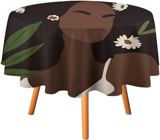 Bohemian Retro Mid Century Round Tablecloth, African Woman Girl Leaves Flower Tablecloth for Home Party Dining Room Kitchen Decor 60Inch(152cm)