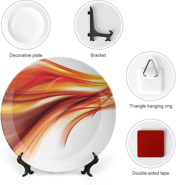 Ceramic Display Plate, Abstract Ceramic Hanging Decorative Plate, Modern Smooth Lines Blurred Smock Art, 10 Inch, Living Room Kitchen Decoration Household, Orange Red