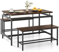 Giantex Kitchen Table Chairs Set of 3 - Dining Table Set for 4 with 2 Benches, Metal Frame, Space-Saving Dinette Table Set for 4, Small Places Breakfast Nook Table Set, Kitchen Table Set, Brown