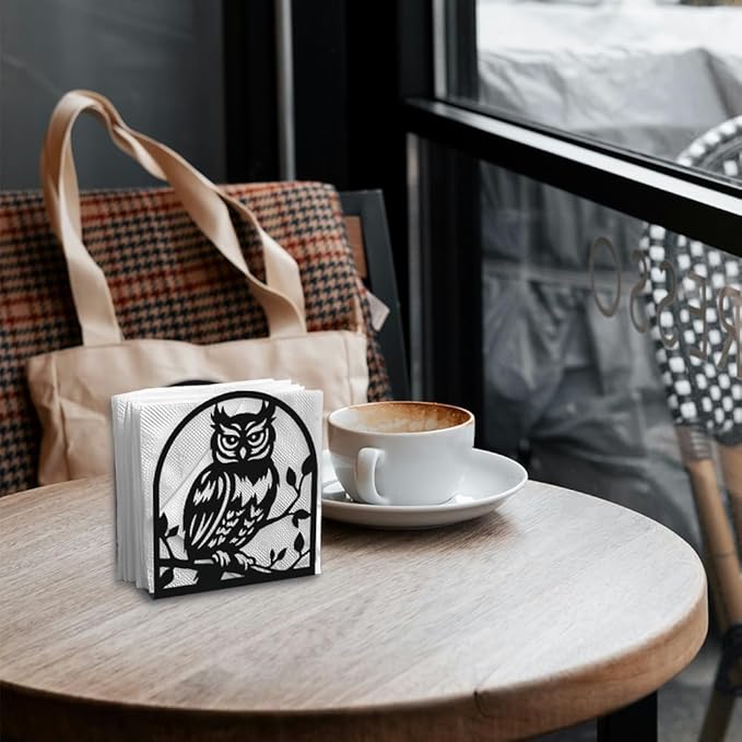 Owl Decorative Black Metal Napkin Holder for Table, 4.9" x 5.3" x 2" Animal Owl On The Branch Standing Napkin Holder for Home Kitchen Restaurant Picnic Party Coffee Bar Dining Room
